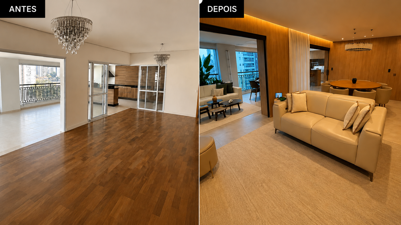 Antes e depois de reforma de apartamento executada pela Edificare Construções